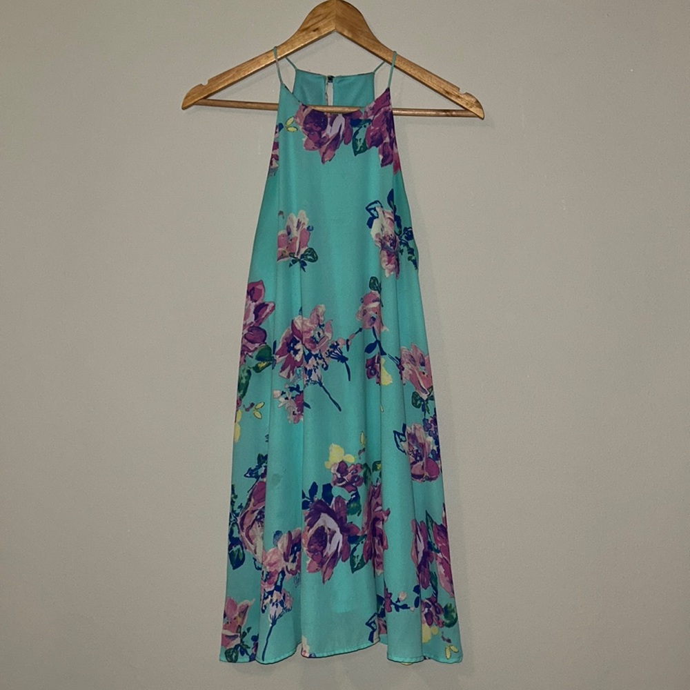 Turquoise Floral Halter Mini Dress